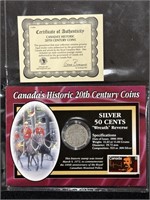 1919 Canada 50 Cents Silver Coin With Stamp- COA