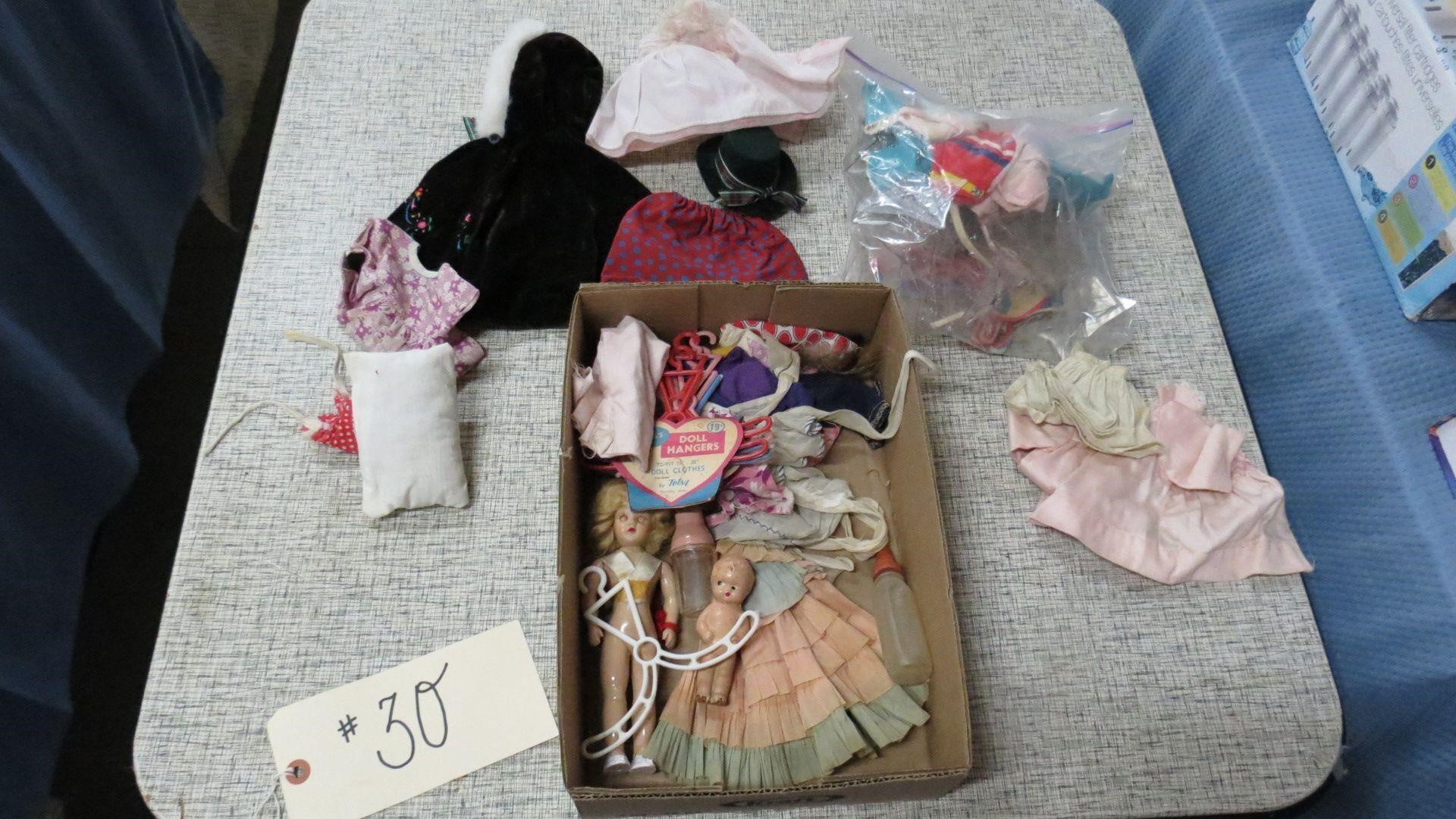 VINTAGE DOLL AND ACCESSORIES LOT WITH CLOTHES