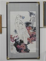 ASIAN WATERCOLOUR PAINTING W/LARGE BIRD & FLOWERS