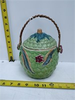 vintage biscuit jar with lid & wicker handle