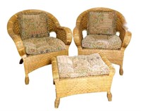 Vintage Natural Wicker Armchairs (2) & Footrest