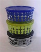 3 Pyrex four cup glass storage bowls w/ lids