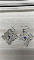 Sterling Silver Large Ornate Blue Stone Earrings