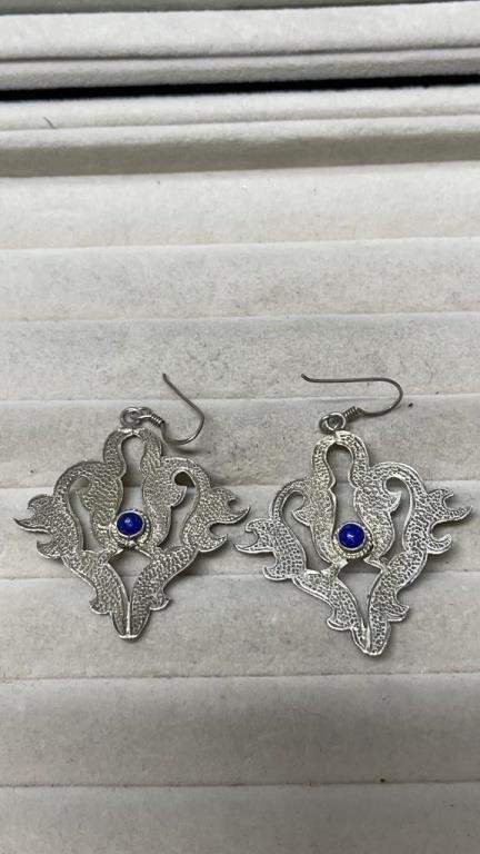 Sterling Silver Large Ornate Blue Stone Earrings
