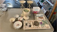 Cups, Saucers, Metal Candleholders, Tray, Et