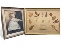 Vintage Framed Leaves, Painting on Board of baby