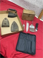 Irons, Grill Tool, Wood Box