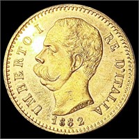 1882 Italy .1867oz Gold 20 Lire UNCIRCULATED