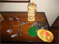 W.C. Fields mug, golf bar utensils, coasters etc