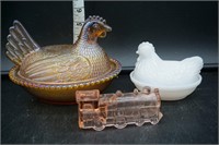 Carnival & Milk Glass Covered Chickens