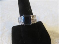 STERLING SILVER CZ AND BLUE STONE RING SZ 8.5