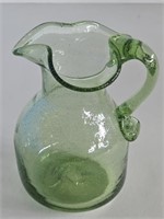 VINTAGE HAND BLOWN GREEN GLASS PITCHER WITH RUFFLE