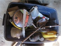 TOTE WITH MISC - MIRRORS, HANDSAWS, OIL AND