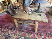 Etched sandstone top pine base end table