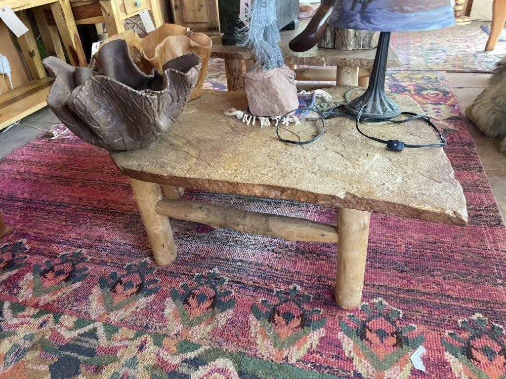 Etched sandstone top pine base end table