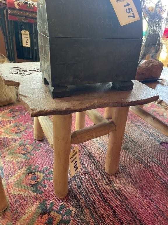 Etched sandstone top pine base end table