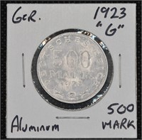 1923 "G" German 500 Mark Aluminum Coin