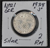 1938 "J" German 2 Reichsmark Silver Coin