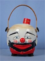 Scarce Japanese Clown Cookie Jar w/ Rattan Handle
