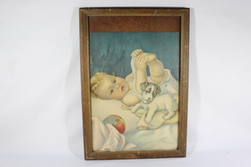 1930s Loren Holmwood Litho Print Baby & Dog