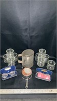 Small glass jars, no lid, sifter,  spectacles,