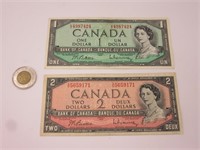 Billets de 1$ et 2$ Canada 1954