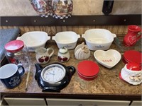 Corning ware dishes, clock, glass thermometer,