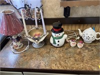 Snowmen cookie jar, lamp, candle candy dish