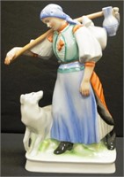 Large Zsolnay Hungary figure of a maiden and a dog
