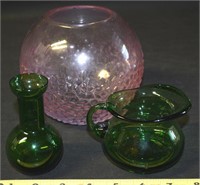 Glass lot w/ Vtg Green pcs + Pink Art Vase/Bowl