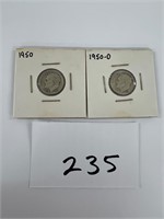 2 Roosevelt silver dimes 1950 1950D