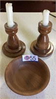 WOODEN CANDLE HOLDERS & BOWL