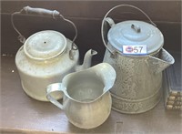 GRANITEWARE: COFFEE POT, TEA KETTLE, PITCHER