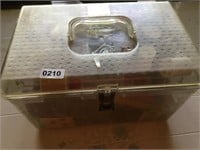 Clear plastic sewing box with misc items