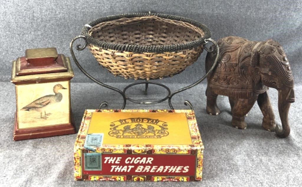 Wooden Elephant, Cigar Boxes & More