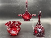 3- Ruby Red Glass: Bell, Basket, Handkerchief Vase