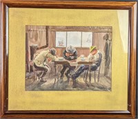 Vintage Framed Watercolor 3 Weary Men At Station X