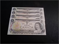 Four 1973 Canada Unc Consec Serial # $1 Banknotes