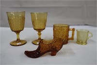 Amber glass, two goblets, 6 & 5.75", cup 3.5",