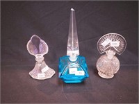 Three perfume bottles: 9" turquoise square bottle