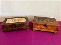 Carved Wood w Tile Box & Wood Box w Collage