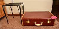 Burgundy/tan suitcase side table