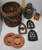 Wooden Milk Pail With Sad Iron Rests, Tin Canteen,