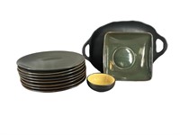 Olive Green Glazed Ceramic (8) Dinner Plates, (1)