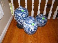 3 GINGER JARS-1 WITH WOOD STAND, ALL BLUE & WHITE