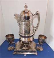 Victorian silverplate water server with 2 goblets