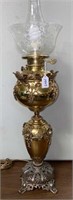 ANTIQUE BRASS BANQUET LAMP W/ETCHED SHADE