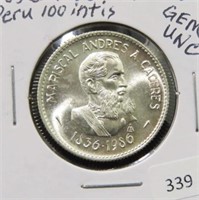 1836-1986 SILVER PERU 100 INTIS COIN - GEM UNC