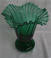 Antique Hand Blown Green Ruffle Glass Vase 9"