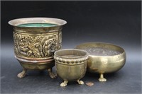 3 Vtg. Paw Footed Brass Planters